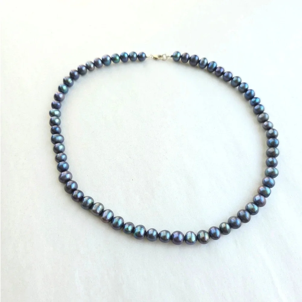 Black Freshwater Pearl Necklace 925 Sterling Silver Peacock Iridescent 18